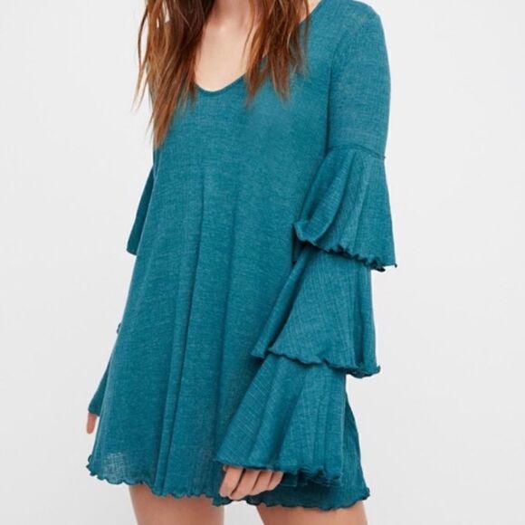 Free People Beach Seashore Mini Dress Ruffle Sleeve Teal Jewel - Picture 6 of 10